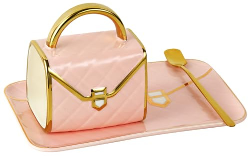 Handbag Coffee Mug, 10 oz Ceramic Purse Cup with Saucer & Spoon, Pink | Elegant creative tea cup with gold-tone details for home coffee, brunch, office desks, tea breaks and Thanksgiving gifting