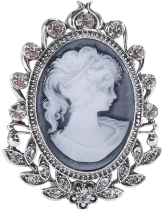 Broche bijou camée femme bleu gris et strass cristal, acier.