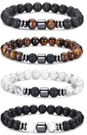 BMMYE 2-4 Stücke Herren Perlenarmband 8MM elastisches Naturstein Armband mit Lavastein und Tigerauge - Schmuck für Männer als Geschenk