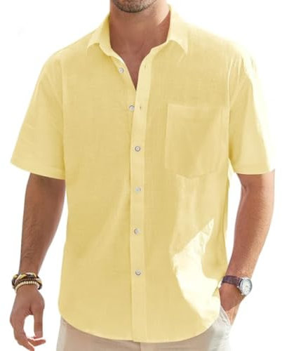 Men's Linen Cotton Shirts Short Sleeve Henley Shirt Regular Fit Casual Solid Shirt Lightweight Summer Beach Shirts with Pocket (Yellow,5XL)