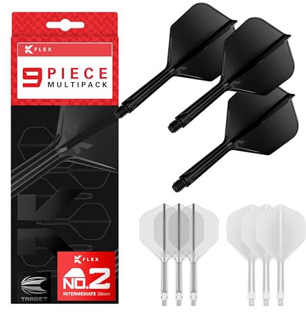 Target Darts K-Flex Integrated Dart Flights and Shafts, Stiel Intermediate Länge (26 mm), Nr. 2 Flug, 9er-Pack, Schwarz, Weiß & Klar