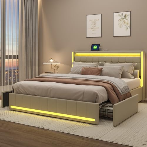 KeepGoon Doppelbett 160 x 200 cm,Polsterbett mit LED-Leuchten, 4 Eisenschubladen und einem USB Ladeanschluss,Stauraumbetten Bettgestell,Leinenstoff (Beige)