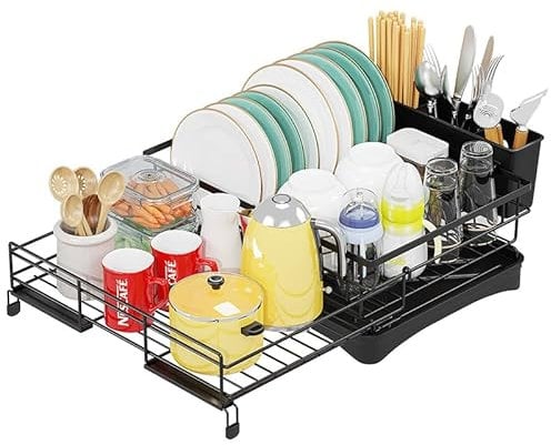 yiyicas Expandable Dish Drying Rack - Large Drainboard with 4 Slots, Knife & Fork Holders, Cup Organizer, Rotating Swivel Spout, Durable Coated Steel, Black (Large)