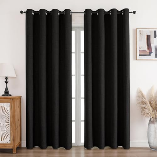 CUCRAF Vorhang 100% Blickdicht Leinen Gardinen mit Ösen Verdunklungsvorhänge Gardinen Schwarz H245 x B140 cm 2er Set, Thermovorhang Kälteschutz Schallschutz Vorhang für Wohnzimmer Schlafzimmer