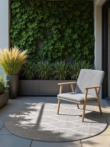 Hanse Home Northrugs Liora In- & Outdoor Teppich Rund Modern - Modernes Flachgewebe, Wendeteppich mit Floral Design, ÖKO-TEX Wetterfest & UV-beständig für Balkon, Terrasse, Garten – Weiß Grau, ⌀160cm