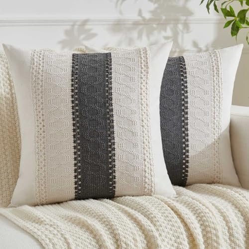 Jayusaror Kissenbezug 40x40 Grau Boho Makramee Baumwolle Leinen Kissenbezüge Sofakissen Landhausstil Kissenhüllen Dekokissen Kissen Modern Zierkissenbezug für Sofa Wohnzimmer 2er Set