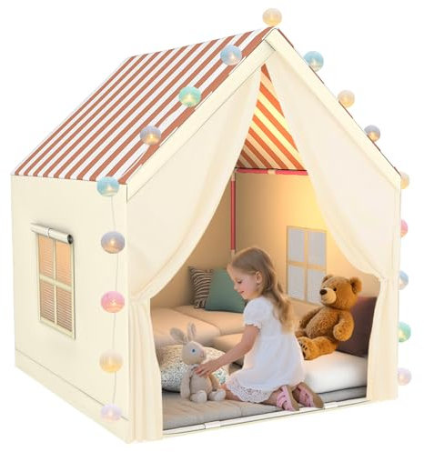 Kinderzelt Spielhaus Indoor mit LED-Lichtern, Kinder Bettzelt, Spielzelt für Drinnen, Kinderzelt Indoor mit Fenstern, Kinderzimmer Dekor- Lesezelt & Kinderspielhaus