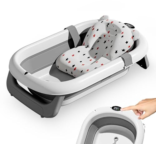 Baignoire Avec Capteur De TempéRature 85x53CM, Baignoire Pliable BéBé Pour Bain Douche Begnoire Enfant, Hamac Bassine RéDucteur Antiderapant Bouchon Confort Voyage 0-3 Ans Sur Pied Bathtub Gris