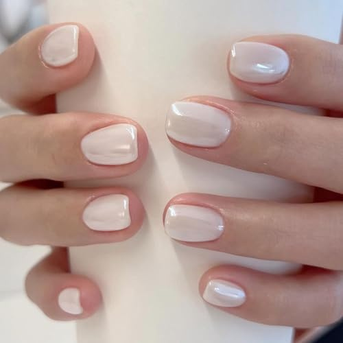 Viugex 24Pcs Mondlicht Weiß Press on Nails, French Künstliche Nägel Kurz Eckig, Natürlich Einfarbig Acryl Fingernägel zum Aufkleben, Ballerina Wiederverwendbare Full Cover Kunstnägel für Frauen