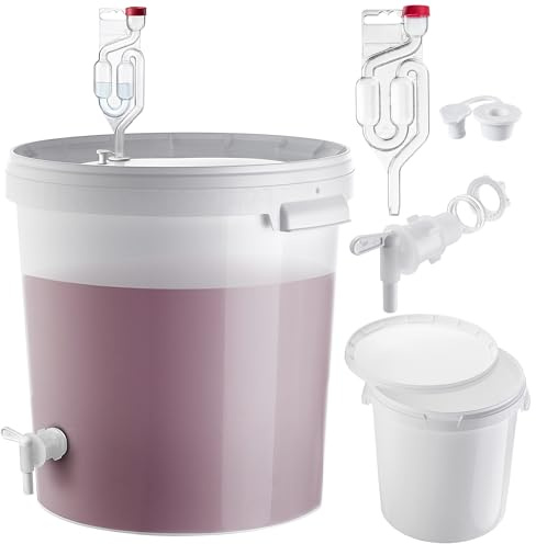 KADAX Juego de cubos de 33 litros con grifo, tubo de fermentación y tapón de goma, recipiente de fermentación de plástico con grifo de drenaje, boquilla de fermentación y tapón para vinificación