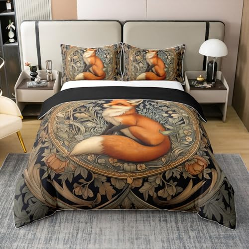 Homewish Rustikal Baumwolle Bettwäscheset 155x220cm Fuchs bettbezug für Kinder Teens Männer Frauen Wald Bauernhaus Tiere Muster Bettwäsche Ring Schwarz Grün Braun bettset Moderne Schlafzimmer dekor