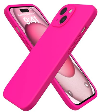 ROUMAYMAY Coque pour iPhone 15, Silicone Liquide Protection Amélioré [L'appareil Photo], avec Doublure en Microfibre Lisse Douce Anti-Rayures, Coque pour iPhone 15, Rose Fluo