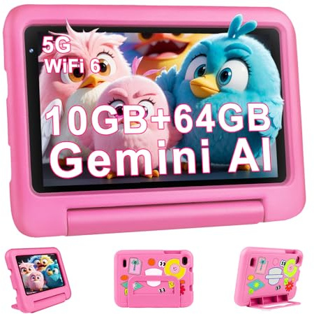 AI Tablet per Bambini Andorid OS Tablets 7 Pollici 10GB RAM + 64GB ROM (TF 1TB), 5G WiFi 6, BT5.0, 8-Core, Controllo Parentale | Doppia Fotocamera | GMS Certificated | GPS | Tablet con Custodia - Rosa