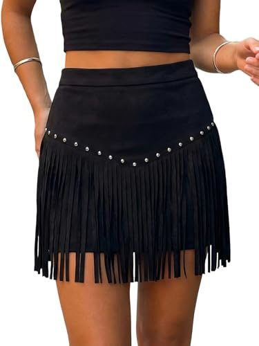 Womern Western Cowgirl Fringe Skirt High Waisted Mini Suede Bodycon Skirts | Country Concert Rave Festival Booty Tassel Bottoms Clubwear