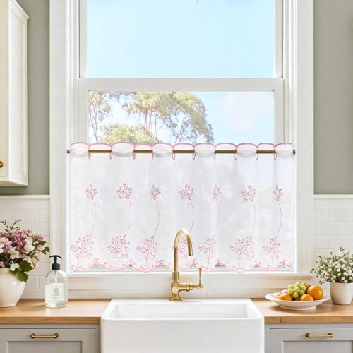 TOPICK Scheibengardine Bistrogardine Gardinenschals 1 Stück H45xB120 Rosa | Lichtdurchlässig Küchengardinen für Küche modern Kurzgardine Wohnzimmer Küchenfenster Fensterschal Landhausstil Küchevorhänge