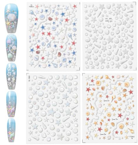 4 Blatt Ozean Nagelaufkleber, 5D Geprägte Aurora Muschel Nagelsticker | Seestern Selbstklebend Meerestiere Nagelsticker Sommer für Frauen DIY Nageldesign Dekoration
