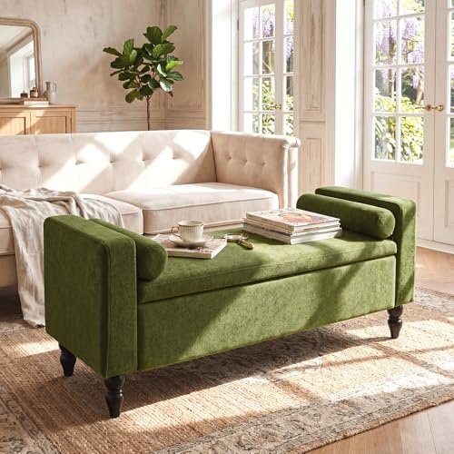 Hellove Sitzbank mit Stauraum, Grün, 116 cm, Polsterbank mit Armlehnen | Nackenrollen, Bettbank mit Stauraum, Chenille, Für Schlafzimmer, Wohnzimmer