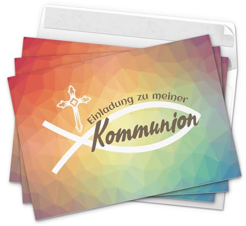 10 x Einladungskarten Kommunion mit Umschlag/Moderner Verlauf Bunt/Kommunionskarten/Einladungen zur Feier