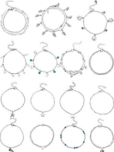 15 Pièces Bracelets de Chaînes de Cheville Ajustable Bijoux Cheville Pied de Plage Set Chaînes de Cheville pour Femmes Filles Pieds Nus (Argent 1)