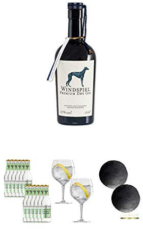 Windspiel Premium Dry Gin Deutschland 0,5 Liter + Fever Tree Elderflower Tonic Water 12 x 0,2 Liter + Spiegelau Gin & Tonic 4390179 2 Gläser + Schiefer Glasuntersetzer RUND ca. 2 x 9,5 cm Durchmesser