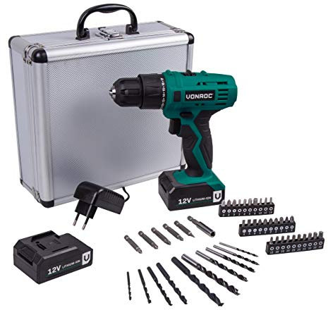 VONROC Akku-Bohrschrauber | Akku-Bohrer 12V - in stabilem Aluminiumkoffer mit 46 Zubehörteilen, 2 Akkus und Ladegerät