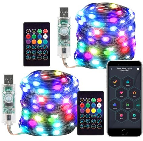 BTF-LIGHTING RGB IC 10M Intelligente Lichtkette Kit 100LEDs IP67 Wasserdicht USB Schwarze Lichtketter mit IR 24key Fernbedienung und 1,5 m Verlängerungskabel für Innendekoration