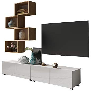 Wohnzimmer-Set Calabrini XXX, Wohnwand Fernsehschrank Mediawand Anbauwand, 2X TV Schrank 4X Wandregal, Wohnzimmerschrank (Weiß/Weiß Hochglanz + Eiche Gold)
