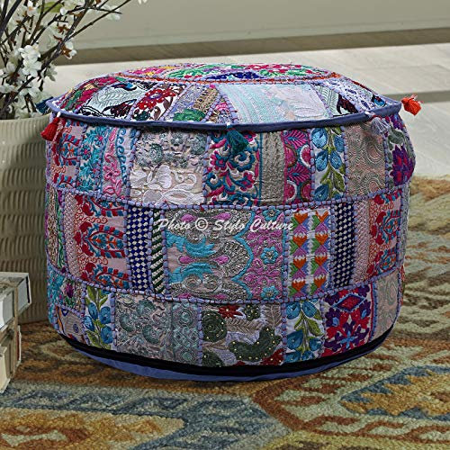 Stylo Culture Cotton Grey Footstool Ottoman Pouf Cover for Living Room 55 cm bestickter Patchwork-Tuffet-Hocker Sitzhocker Blumenkissen Ethno-Dekor Möbel (nur Bezug)