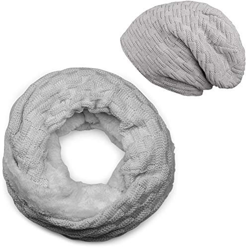 styleBREAKER Strick Loop Schal und Beanie Mütze Set mit Flecht Muster, Fleece Innenfutter, Winter, Unisex 01018211, Farbe:Hellgrau