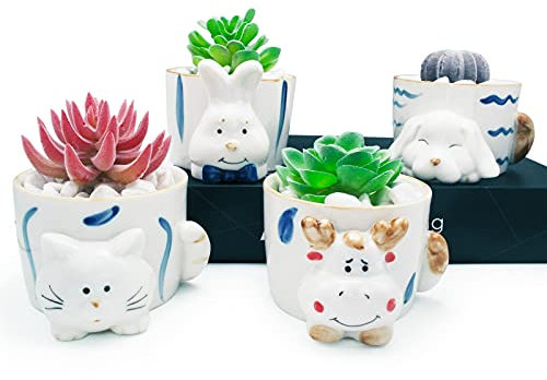Kocris Casa Macetas para suculentas con diseño de animales, color blanco, pequeño, para interior, gato, conejo, flor, cactus, mini contenedor con agujero de drenaje, juego de 4