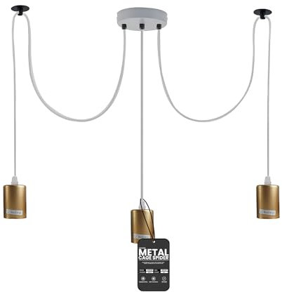 LEDSone Lampadario industriale Edison a 3 teste E27, regolabile, a forma di ragno, con attacco a soffitto (Oro)