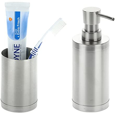 Relaxdays Badezimmer Set, 2-teilig, Seifenspender, Zahnputzbecher, Badaccessoires, Zahnbürstenhalter, Edelstahl, Silber