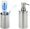 Relaxdays Badezimmer Set, 2-teilig, Seifenspender, Zahnputzbecher, Badaccessoires, Zahnbürstenhalter, Edelstahl, Silber