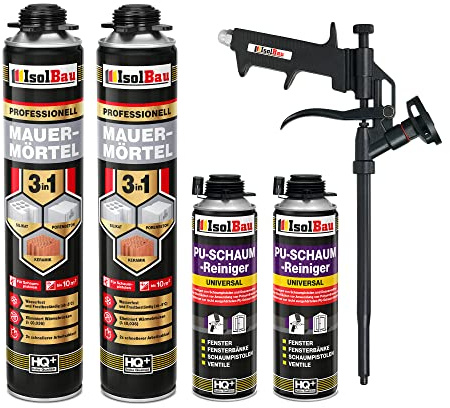 Isolbau Mauermörtel Set: 2x 750 ml PU-Mörtel 2x 500 ml Pistolenreiniger 1x Teflon Schaumpistole, PU-Reiniger, Montageschaum, Pistolenschaum