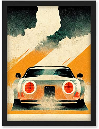 Doppelganger33 LTD Japanese Sports Car Vintage Vector Yellow Silver Black Artwork Framed Wall Art Print A4