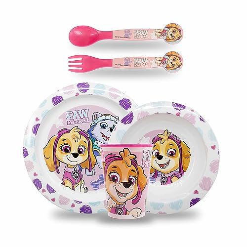 Sorrisini Ensemble de vaisselle pour enfant, Vaisselle réutilisable pour enfants, Services pour Enfant et adapté au micro-ondes, Set de table pour enfant, assiette et bol, couverts tasse, Paw Patrol