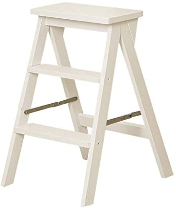 Tritthocker Klapptrittleiter Holz Holz Klapptrittleiter Treppenstuhl – 3-Stufen-Leiter (Weiß)