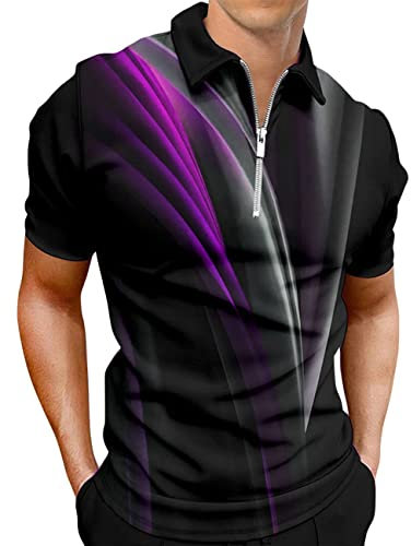 Hodaweisolp Polo da golf da uomo a maniche corte con cerniera casual slim fit stampato, Z-viola Luce, S
