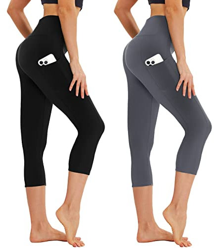 AMIYOYO Capri Leggings Damen mit Taschen 3/4 Sport Leggins High Waist Sporthose Blickdicht Elastisch 7/8 Yoga Hose Fitness Laufen für Outdoor 2er Pack(Schwarz+Dunkelgrau,L-XL=DE42-48)