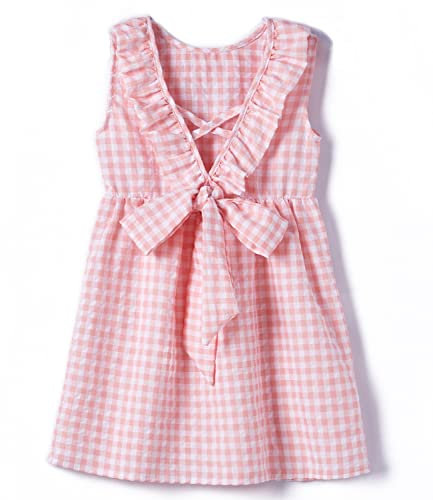 Beganly Robe pour bébé fille en coton à volants, dos nu, sans manches, swing, robe décontractée pour enfant, rose à carreaux, 5 Years