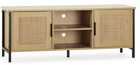 HOMN LIVING Mueble TV Cruz 2 Puertas Color Roble con ratán Natural, 120 cm (Ancho) 40 cm (Profundo) 48 cm (Altura)
