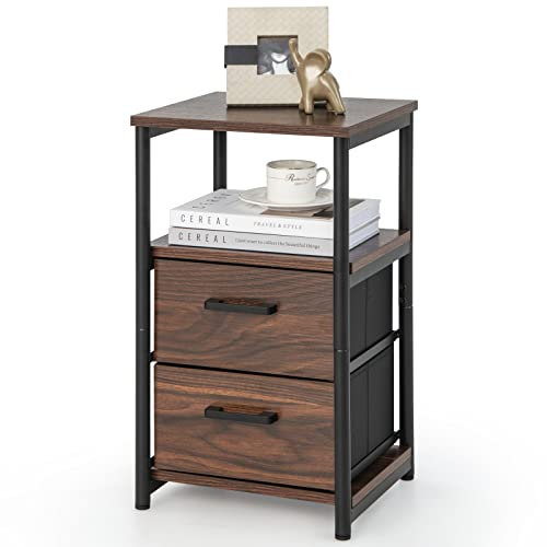 CASART Bedside Table, Industrial Nightstand with 2 Drawers & Open Shelf, Metal Frame Wooden End Table for Living Room Bedroom (1)