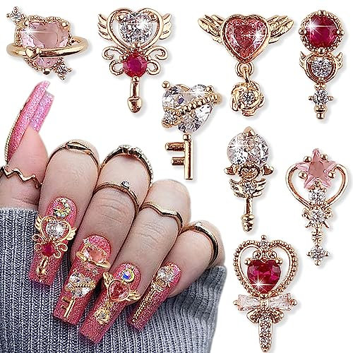 8 Pcs 3D Heart Scepter Zircon Nail Charms,Luxury Star Nail Rhinestones Nail Charm Shiny Hearts Stars Magic Wand Nails Charms for Woman DIY Crystals Diamond Nail Art Charms Nail Gems Jewelry