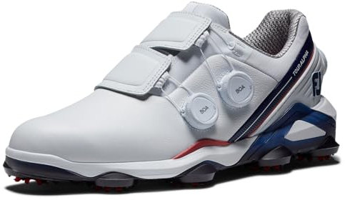 FootJoy Tour Alpha Triple Boa, Zapatos de Golf Hombre, Blanco, Azul Marino, Rojo, 42.5 EU