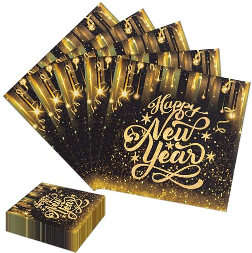 Lets Joy 100 Stück Happy New Year Servietten, 33 x 33 cm Neujahr Papierservietten, Servietten Schwarz Gold für Party, Silvester Servietten Tischdeko, Weihnachten Silvester Party Dekoration 2024