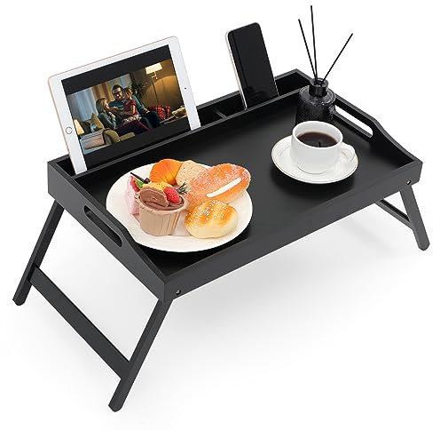 Unibos Bamboo Bed Tray Table with Handles & Foldable Legs, Multipurpose Lap Desk for Breakfast in Bed, Sofa, Platters, Working, Drawing, Laptop Stand, Snack Tray with Media Slot