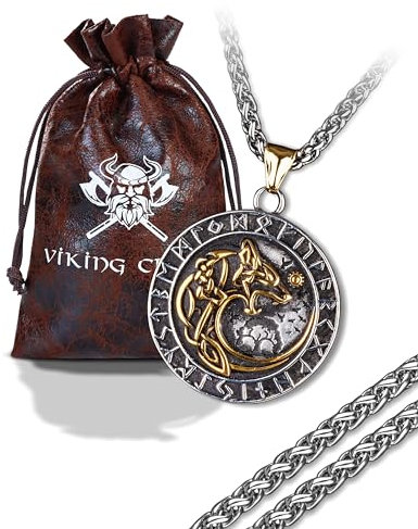 VIKING CRAFT Wikinger Halskette Fenrir + Vegvisir Edelstahl - Zweiseitige 60cm Halskette mit Wikinger Anhänger - Kompass + Wolf Amulett, Wikinger Deko, Wikinger Geschenke für Männer Schmuck, LARP