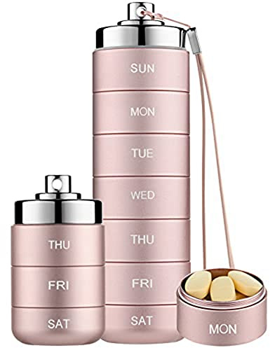 Exogio Tablettenbox 7, Metall Pillenbox Medikamentenbox, Tragbare Pillendose Tabletten-Organizer, Stapelbare, 7 Medizin-Organizer, Erste-Hilfe Pillendose für Vitamin, Fischöl, Rosa