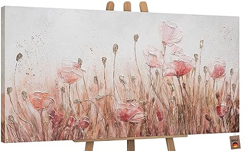 YS Tableau Decoration Murale Salon Peinte à la Main Avril Art Modern Paysage d'été aux Couleurs Roses avec des Gouttes d'or et des Fleurs de Prairie 140x70 cm