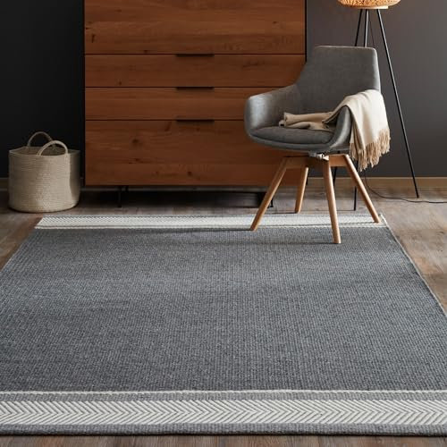 Schöner Wohnen Kollektion Hochwertiger Teppich Wohnzimmer, Schlafzimmer - Kurzflor Teppich weich - Handgewebtes Flachgewebe - Moderne Designs - Teppich Anthrazit 140 x 200 cm